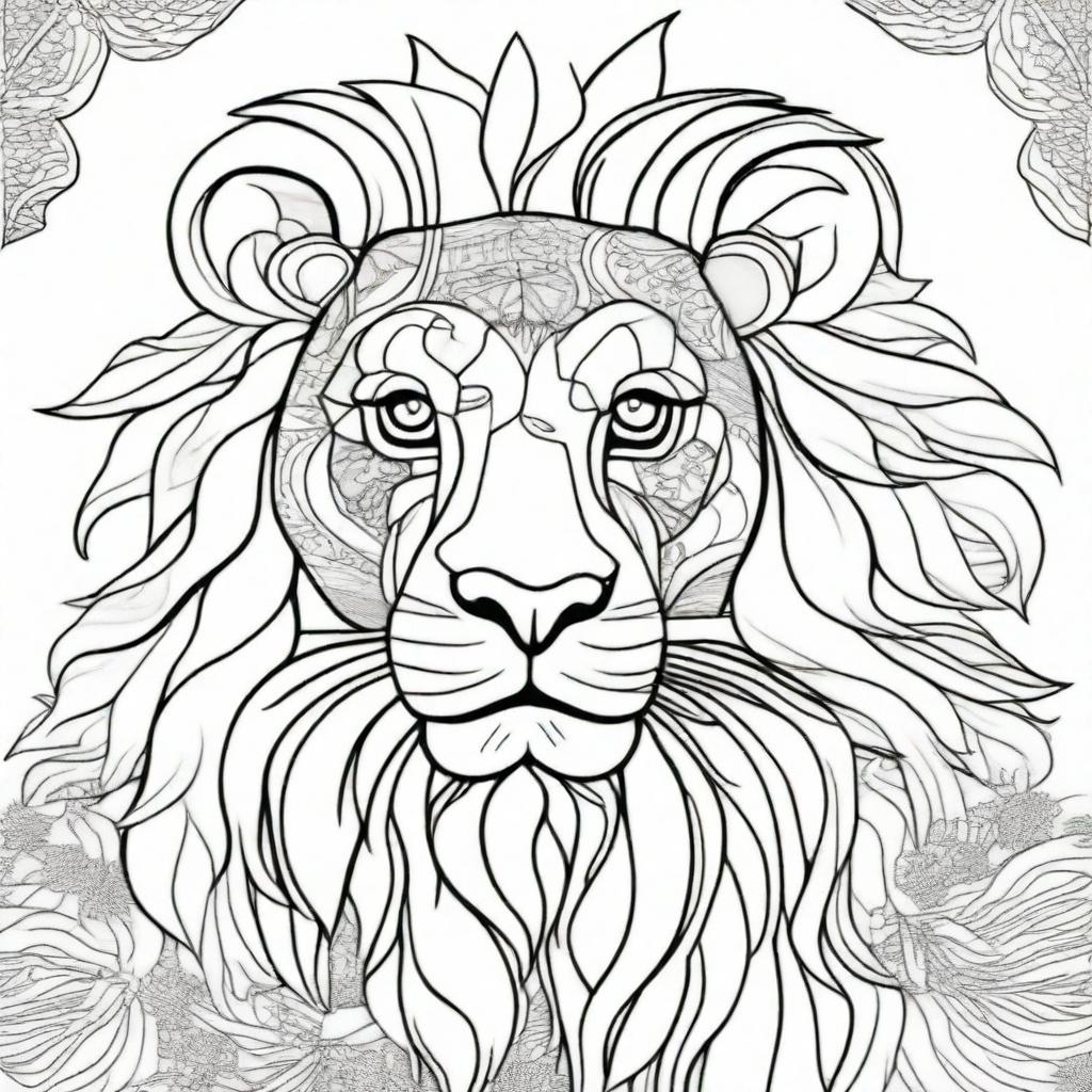 A detailed black line art illustration of a lion, designed as a colouring book page