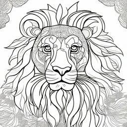 A detailed black line art illustration of a lion, designed as a colouring book page