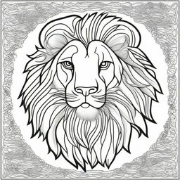 A detailed black line art illustration of a lion, designed as a colouring book page