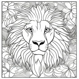 A detailed black line art illustration of a lion, designed as a colouring book page