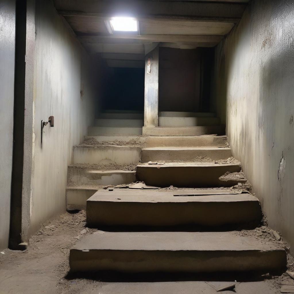 There is a staircase in the abandoned basement