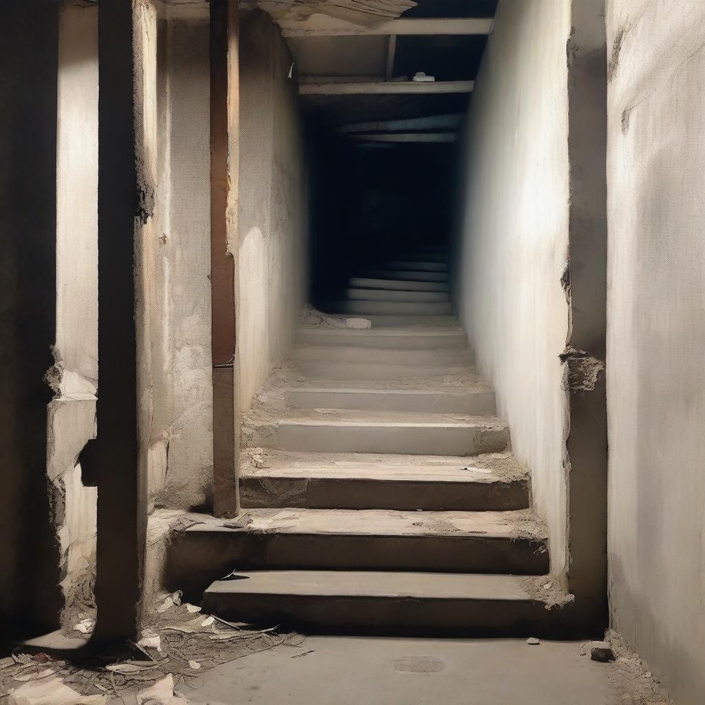 There is a staircase in the abandoned basement