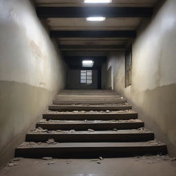 There is a staircase in the abandoned basement