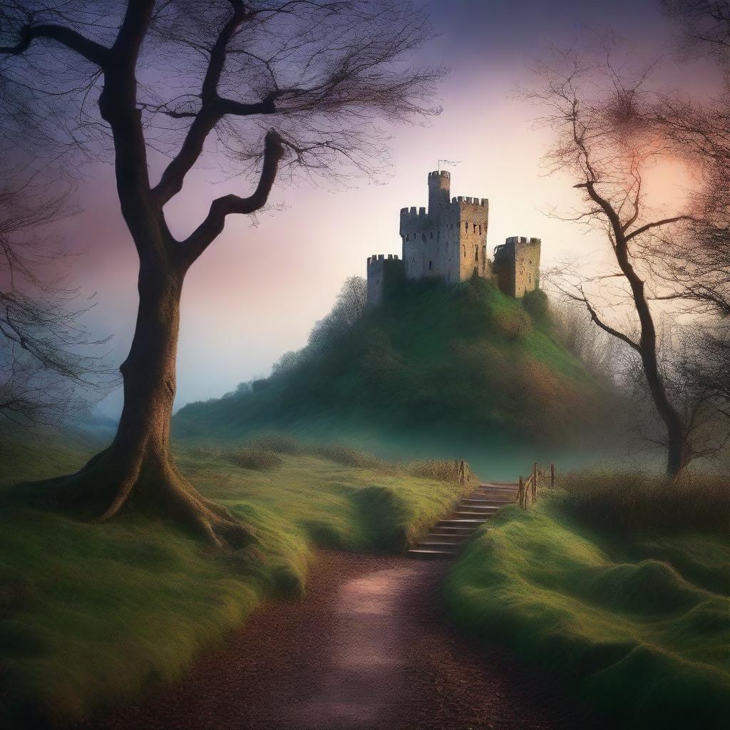 Create a captivating book cover featuring a mysterious forest with a winding path leading to an ancient castle