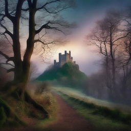 Create a captivating book cover featuring a mysterious forest with a winding path leading to an ancient castle