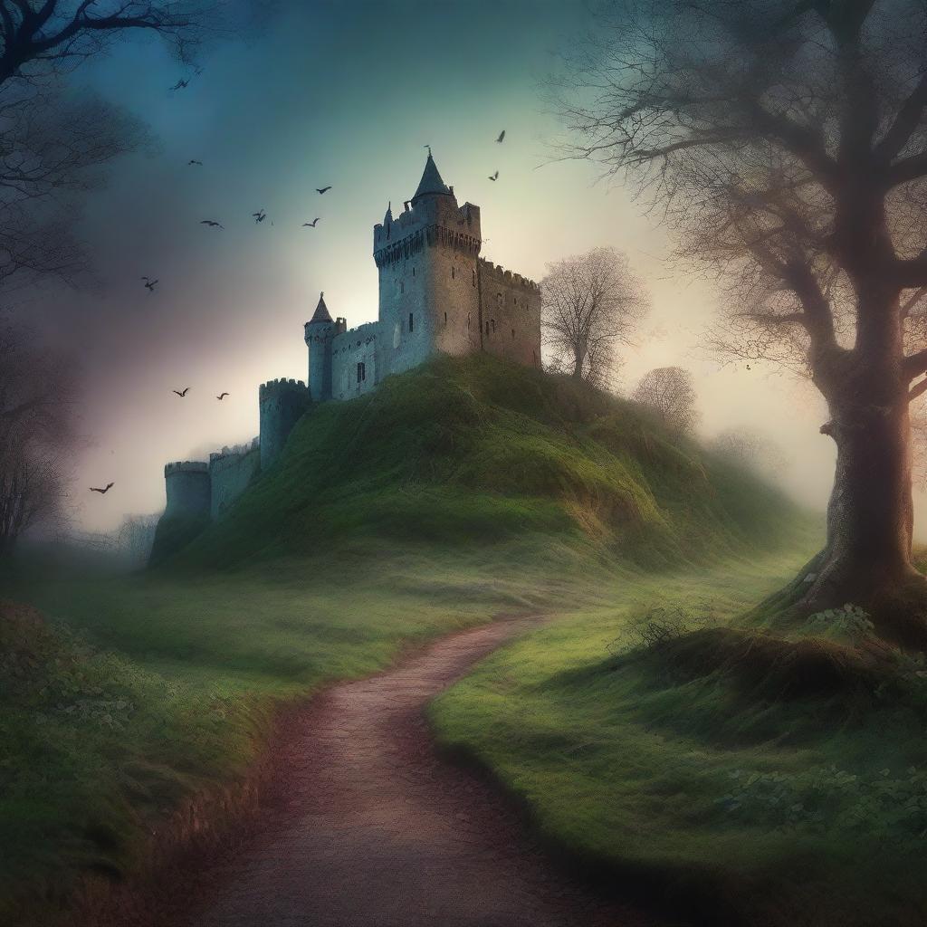 Create a captivating book cover featuring a mysterious forest with a winding path leading to an ancient castle