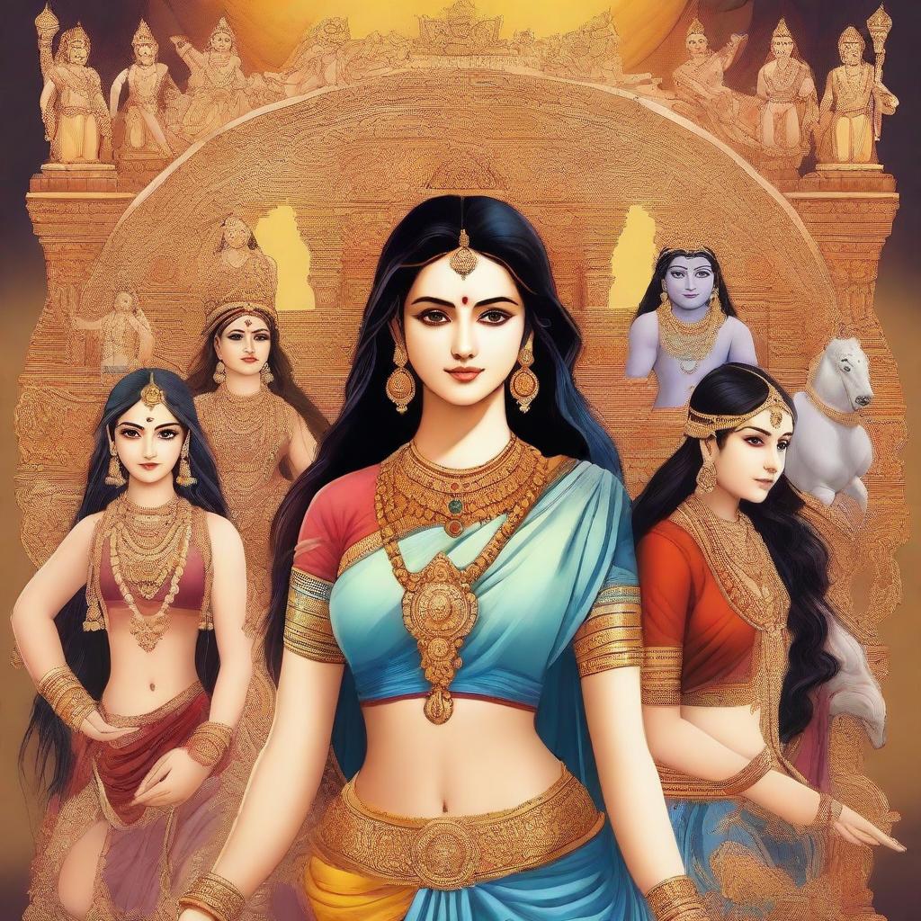 Create an image featuring a modern girl in the center, surrounded by characters from the Mahabharata