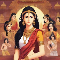 Create an image featuring a modern girl in the center, surrounded by characters from the Mahabharata