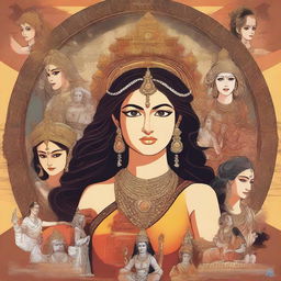 Create an image featuring a modern girl in the center, surrounded by characters from the Mahabharata