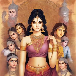 Create an image featuring a modern girl in the center, surrounded by characters from the Mahabharata