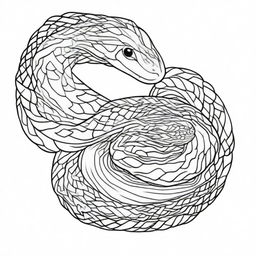 A detailed black line art illustration of two snakes entangled, designed as a colouring book page