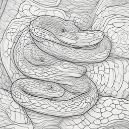 A detailed black line art illustration of two snakes entangled, designed as a colouring book page