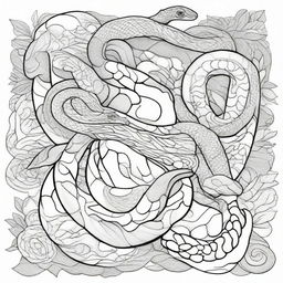 A detailed black line art illustration of two snakes entangled, designed as a colouring book page