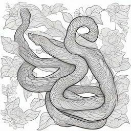 A detailed black line art illustration of two snakes entangled, designed as a colouring book page