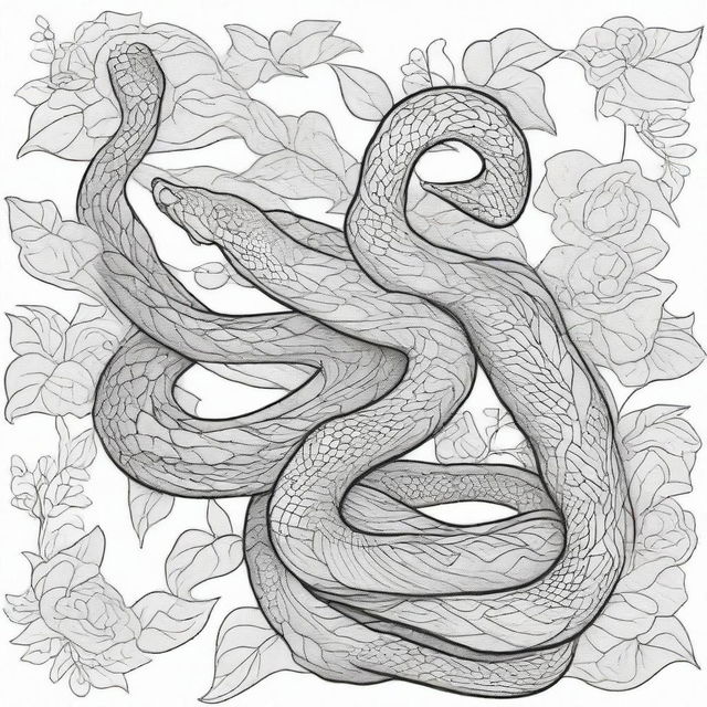 A detailed black line art illustration of two snakes entangled, designed as a colouring book page