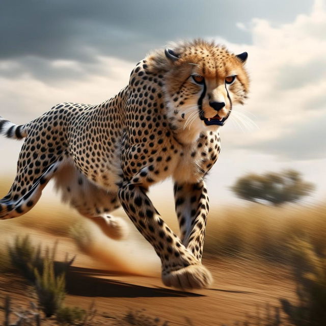 A photorealistic image of a cheetah in its natural habitat, poised in mid sprint with muscles rippling under its sleek spotted coat and eyes focused on its prey.