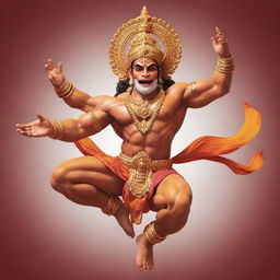 An animated, vibrant image of Lord Hanuman leaping through the air, muscles rippling, his mace held high and his face a picture of divinity and power