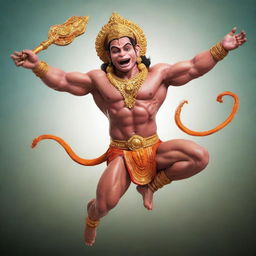 An animated, vibrant image of Lord Hanuman leaping through the air, muscles rippling, his mace held high and his face a picture of divinity and power