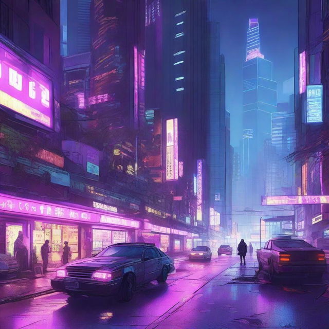 A highly detailed digital illustration of a cyberpunk cityscape at night