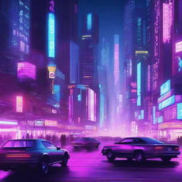 A highly detailed digital illustration of a cyberpunk cityscape at night