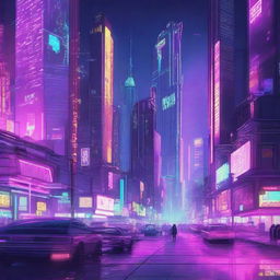 A highly detailed digital illustration of a cyberpunk cityscape at night