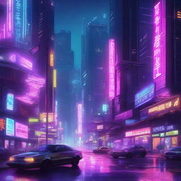 A highly detailed digital illustration of a cyberpunk cityscape at night