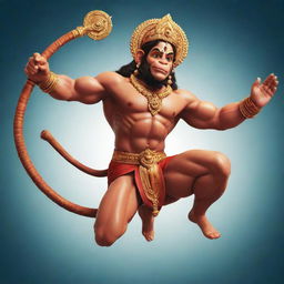 An animated, vibrant image of Lord Hanuman leaping through the air, muscles rippling, his mace held high and his face a picture of divinity and power