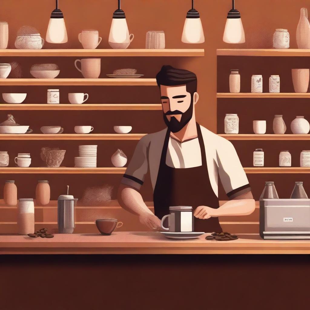 A cozy cafe scene featuring a barista making coffee behind the counter