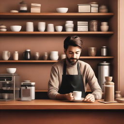 A cozy cafe scene featuring a barista making coffee behind the counter