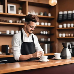 A cozy cafe scene featuring a barista making coffee behind the counter