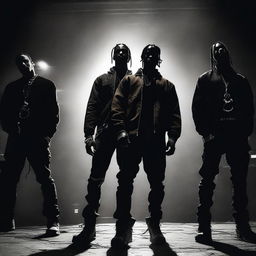 A dark and moody scene featuring Travis Scott and his gang