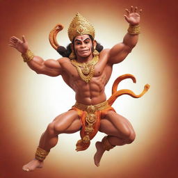 An animated, vibrant image of Lord Hanuman leaping through the air, muscles rippling, his mace held high and his face a picture of divinity and power