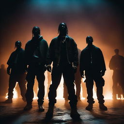 A dark and moody scene featuring Travis Scott and his gang