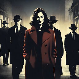 Create a movie poster for a thriller film featuring a central woman character with eight detectives in the background