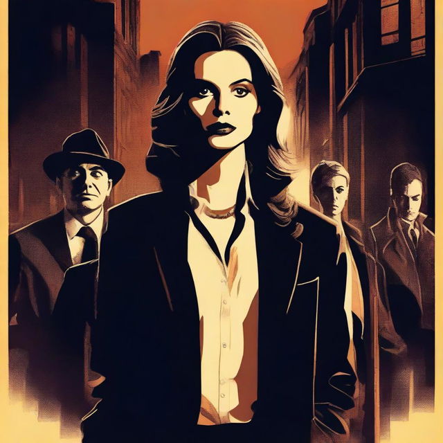 Create a movie poster for a thriller film featuring a central woman character with eight detectives in the background