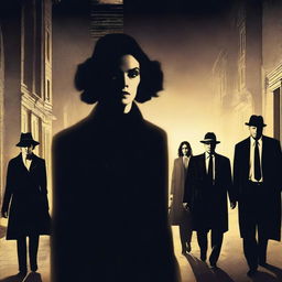 Create a movie poster for a thriller film featuring a central woman character with eight detectives in the background