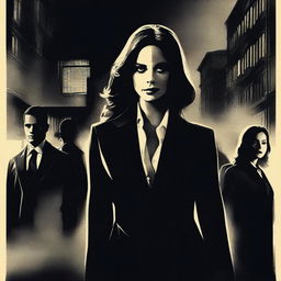 Create a movie poster for a thriller film featuring a central woman character with eight detectives in the background