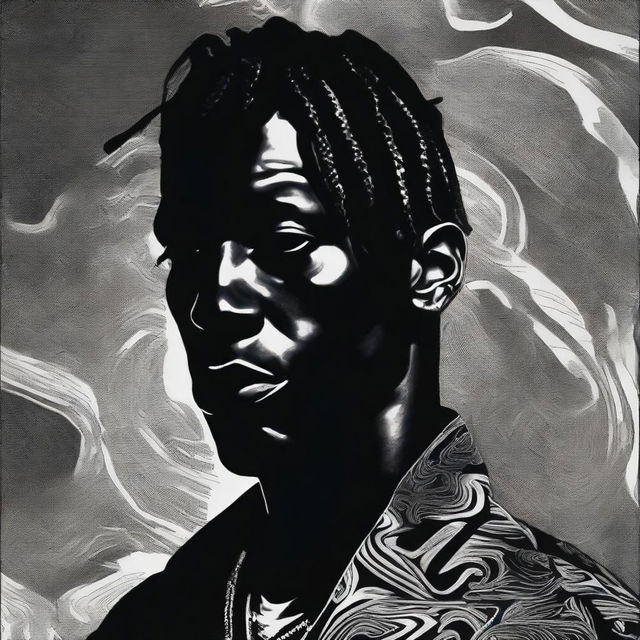 A dark and moody portrait of Travis Scott, featuring deep shadows and dramatic lighting