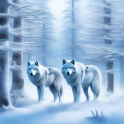 A digital art piece featuring icy wolves in a snowy landscape