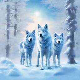 A digital art piece featuring icy wolves in a snowy landscape