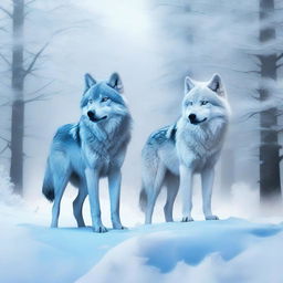 A digital art piece featuring icy wolves in a snowy landscape