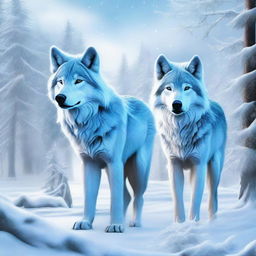 A digital art piece featuring icy wolves in a snowy landscape