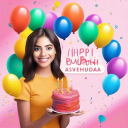 Create a vibrant and eye-catching YouTube thumbnail with the text 'HAPPY BIRTHDAY AYESHA AYESHA'