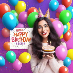 Create a vibrant and eye-catching YouTube thumbnail with the text 'HAPPY BIRTHDAY AYESHA'