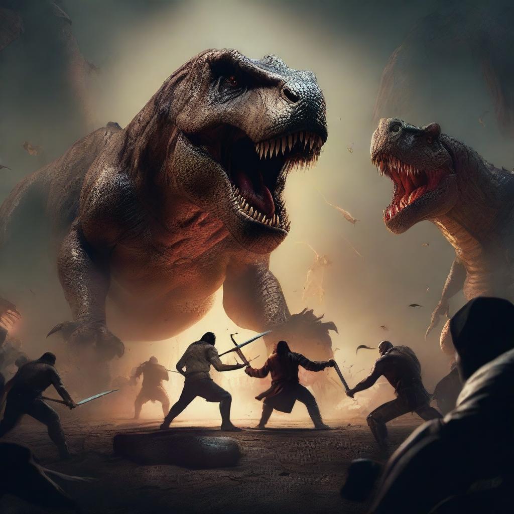 A man battling through a death tournament facing off against demons, monsters, people, and a Tyrannosaurus Rex