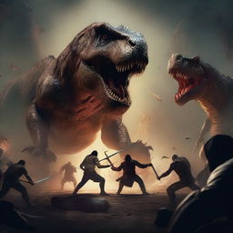 A man battling through a death tournament facing off against demons, monsters, people, and a Tyrannosaurus Rex