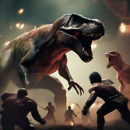 A man battling through a death tournament facing off against demons, monsters, people, and a Tyrannosaurus Rex