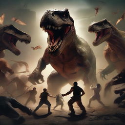 A man battling through a death tournament facing off against demons, monsters, people, and a Tyrannosaurus Rex