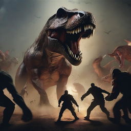 A man battling through a death tournament facing off against demons, monsters, people, and a Tyrannosaurus Rex