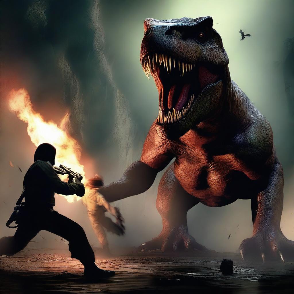 People engaged in a battle to the death, with a monstrous creature, a demon, and a Tyrannosaurus Rex in the background